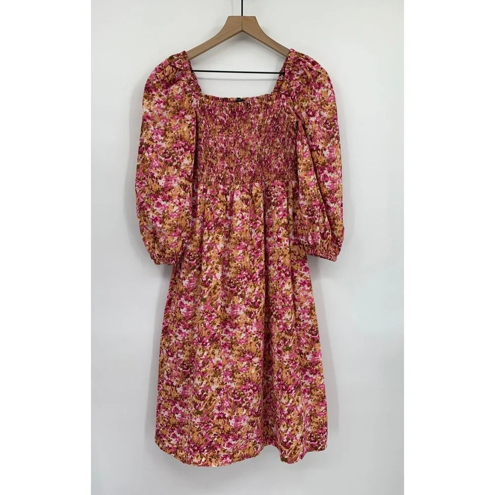 J Crew Dress Womens Small Pink Floral Smocked Puff Sleeve Cotton Midi Fall